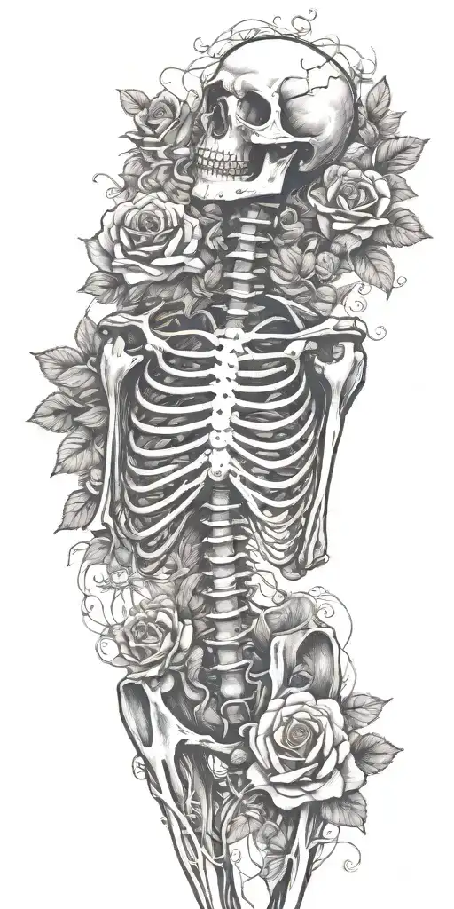 A Full skeleton with ribs arms legs laying in a rose bed wrapped in vines and flowers (shorter neck) tattoo design idea