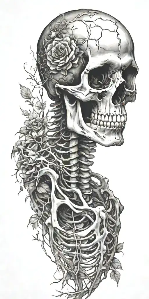 A Full human skeleton, head to toe, not just a skull, wrapped in vines and roses like hes been there for years tattoo design idea
