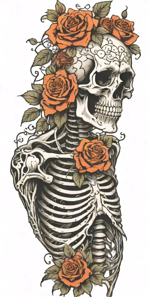 Skeleton with ribs and both arms and spine surrounded by roses and wrapped in vines tattoo design idea