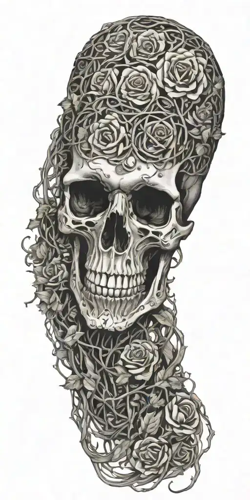 A Full skeleton (Like skull to feet) head to toe wrapped in vines and roses like hes been there for years tattoo design idea