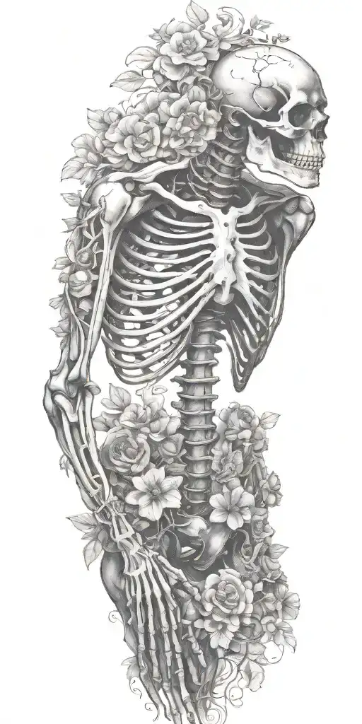 A Full skeleton with ribs arms legs wrapped in vines and flowers tattoo design idea