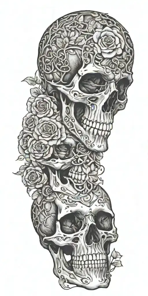 A Full human skeleton, head to toe, not just a skull, wrapped in vines and roses like hes been there for years tattoo design idea
