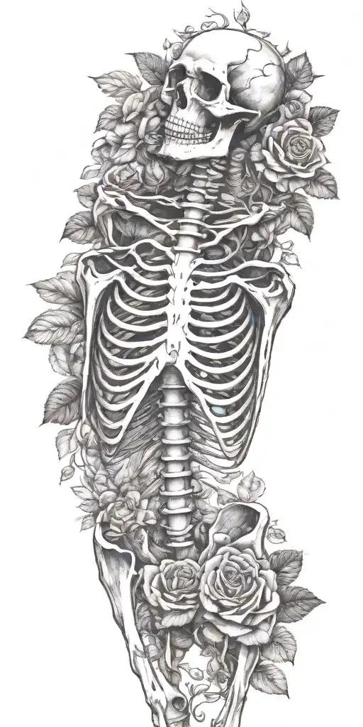 A Full skeleton with ribs arms legs laying in a rose bed wrapped in vines and flowers (shorter neck) tattoo design idea
