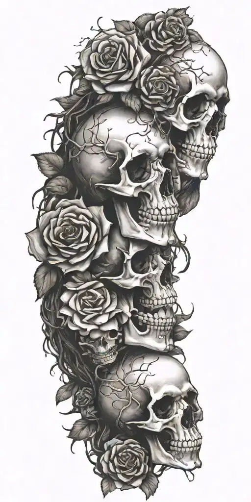 A small Full human skeleton, head to toe, not just a skull, wrapped in vines and roses like hes been there for years tattoo design idea