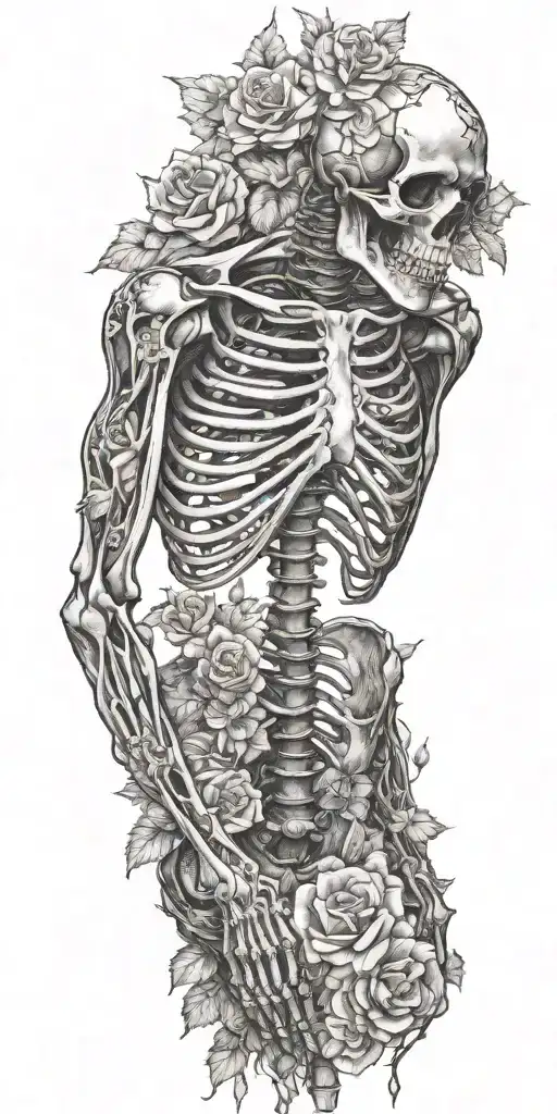 A Full skeleton with ribs arms legs laying in a rose bed wrapped in vines and flowers tattoo design idea