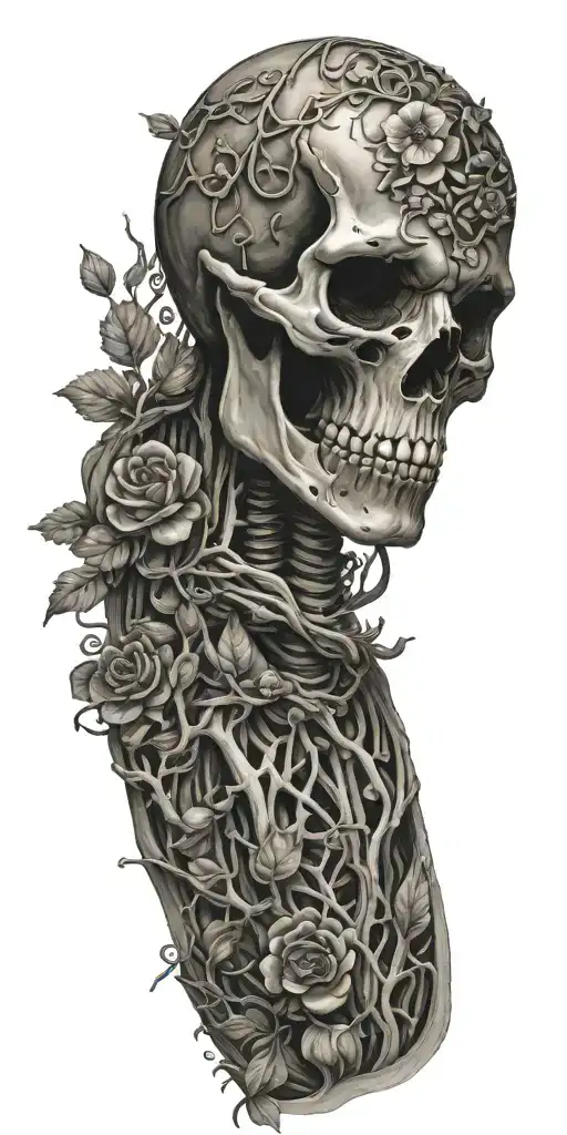 A Full skeleton head to toe wrapped in vines and flowers tattoo design idea