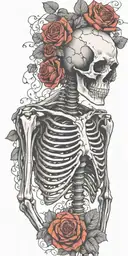 Skeleton with ribs and both arms and spine surrounded by roses and wrapped in vines with correct proportions tattoo design idea