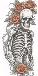 Skeleton with ribs and both arms and spine surrounded by roses and wrapped in vines with correct proportions tattoo design idea
