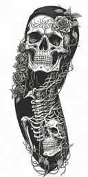 Full size skeleton, head to toe, not just a skull, wrapped in vines and roses like hes been there for years tattoo design idea
