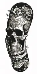 Full size skeleton, head to toe, not just a skull, wrapped in vines and roses like hes been there for years tattoo design idea