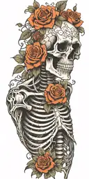 Skeleton with ribs and both arms and spine surrounded by roses and wrapped in vines tattoo design idea