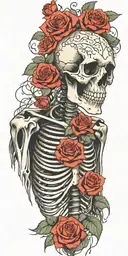Skeleton with ribs and both arms and spine surrounded by roses and wrapped in vines tattoo design idea