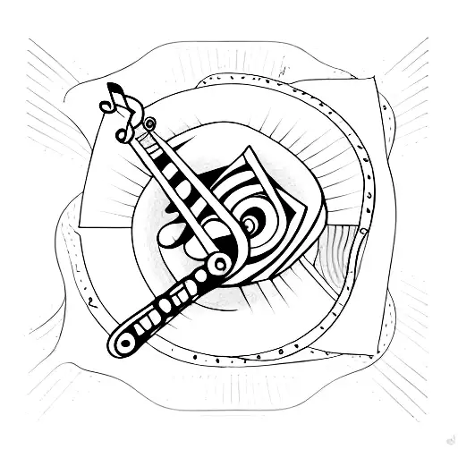 An open book with musical instruments emerging from its pages, against a sunset backdrop tattoo design idea