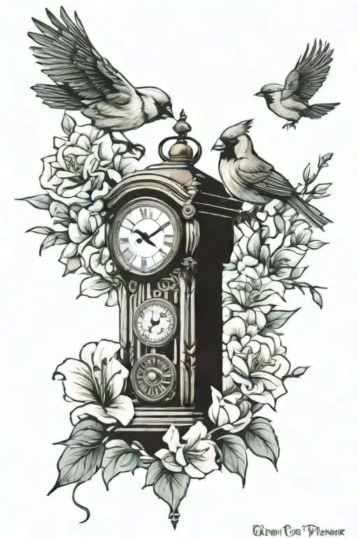 grandmother, cardinal bird, grandfather clock turning, azalea flower tattoo design idea