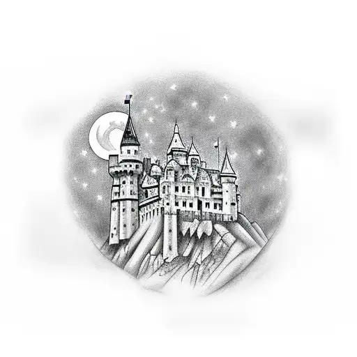 medieval castle moon in background tattoo design idea