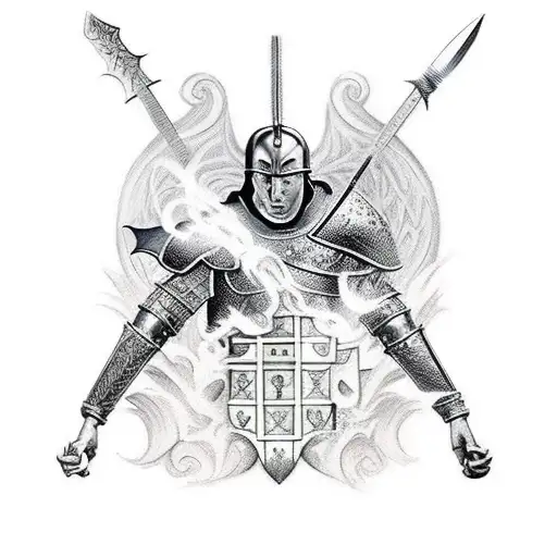 medieval castle moon in background. warriors fighting a demon in forefront.  tattoo design idea