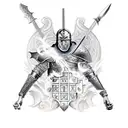 medieval castle moon in background. warriors fighting a demon in forefront.  tattoo design idea