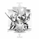 medieval castle moon in background. warriors fighting a demon in forefront.  tattoo design idea