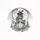 medieval castle moon in background. warriors fighting a demon in forefront.  tattoo design idea