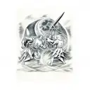 medieval castle moon in background. warriors fighting a demon in forefront.  tattoo design idea