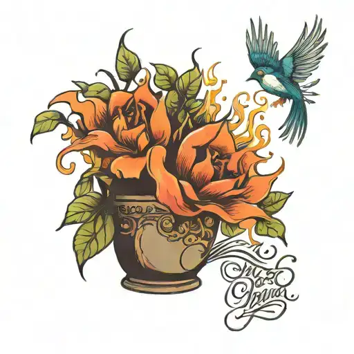 planter in flames with swallow flying, words that say "Take what you can, give nothing back"  tattoo design idea