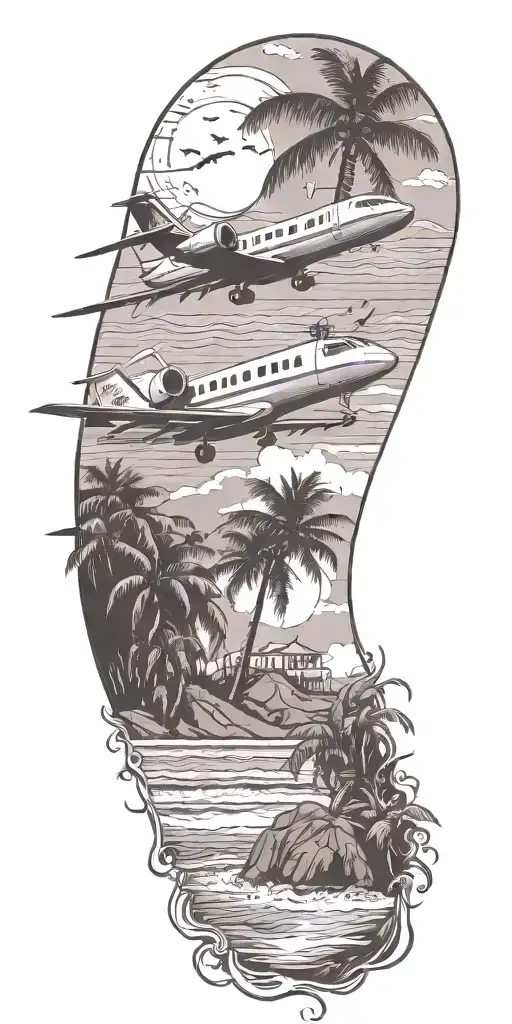 a beach scene with a private jet tattoo design idea