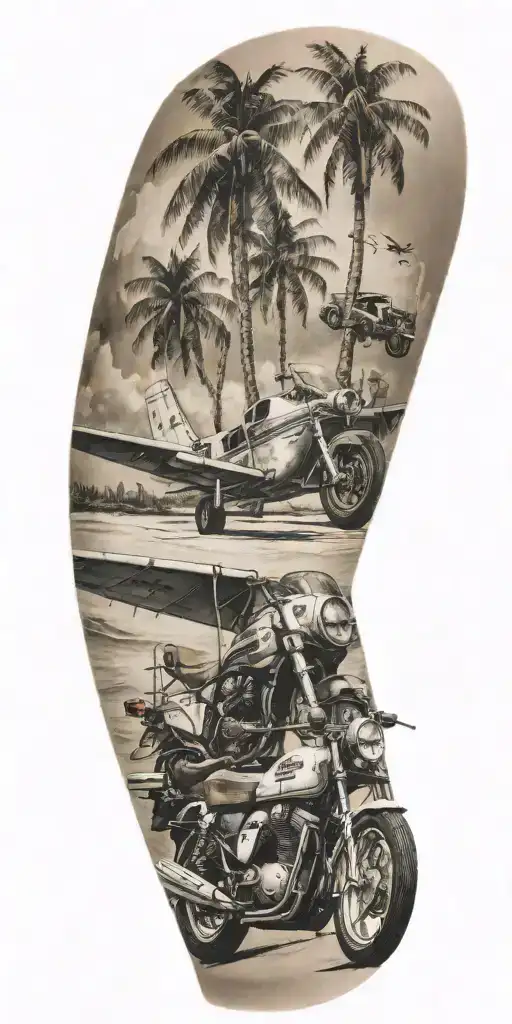 a beach scene with a plane, palm trees, a motorcycle  tattoo design idea