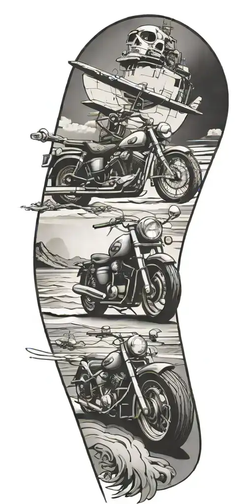 plane, motorcycle, beach, ocean tattoo design idea