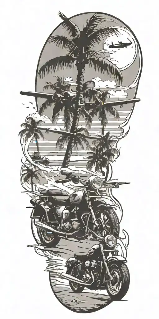 a beach scene with a plane, palm trees, a motorcycle  tattoo design idea