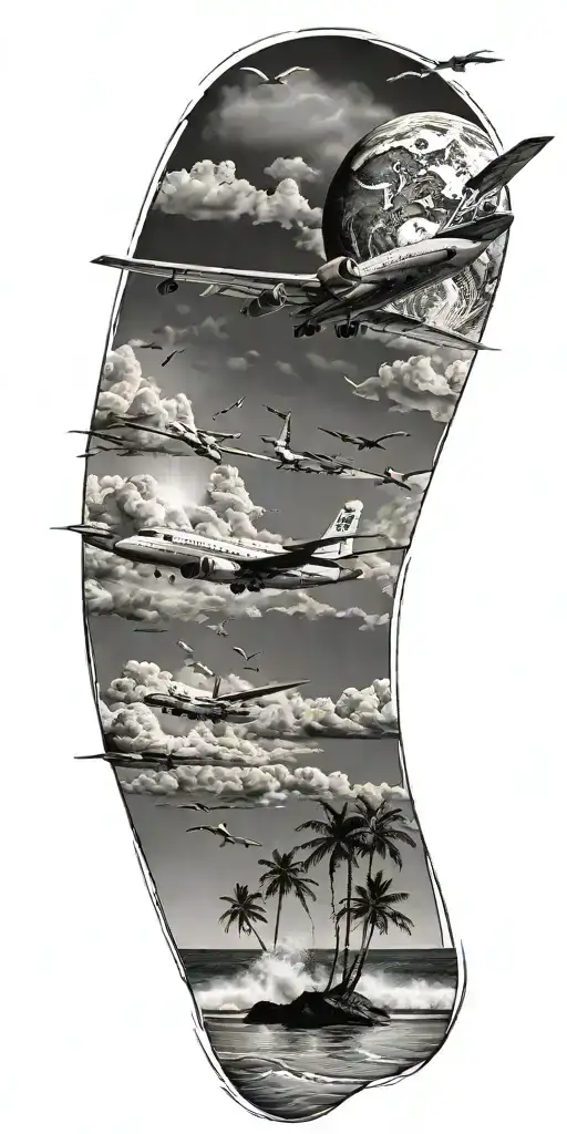 beach scene with a jet flying in the sky tattoo design idea