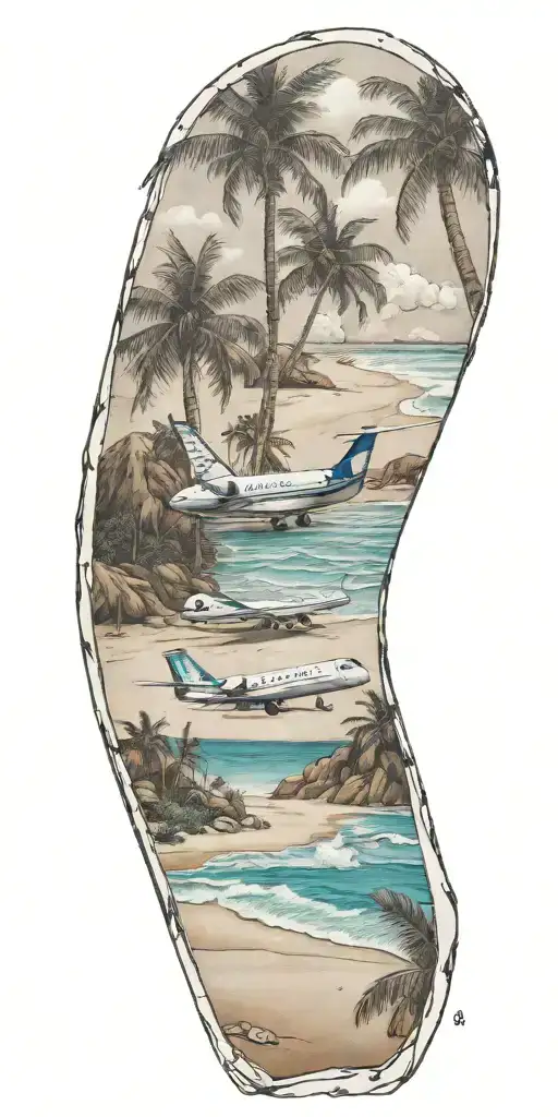 beach scene with a single private jet  tattoo design idea
