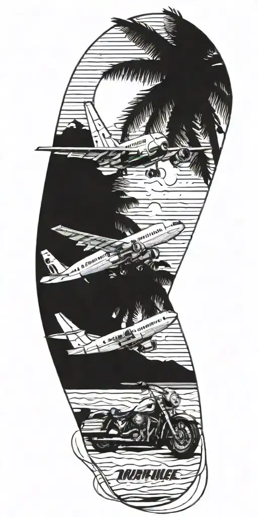 a beach scene with a commercial plane, palm trees, a motorcycle tattoo design idea