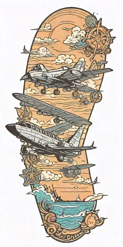 beach scene with a jet flying in the sky background tattoo design idea