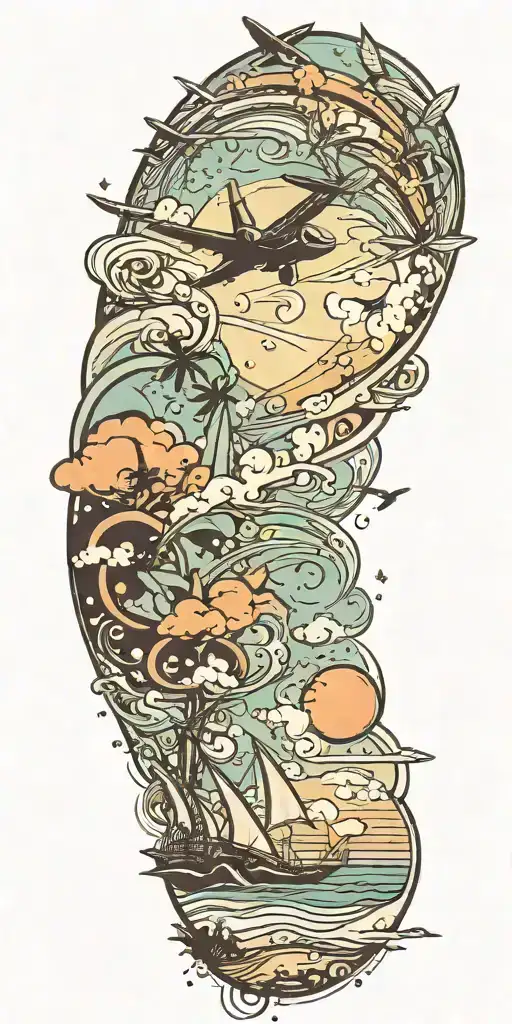 beach scene with a jet flying in the sky background tattoo design idea