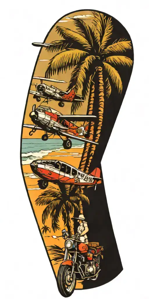 a beach scene with one commercial plane, palm trees, one motorcycle tattoo design idea