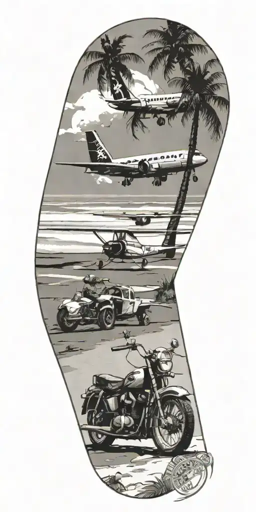 a beach scene with one commercial plane, palm trees, one motorcycle tattoo design idea