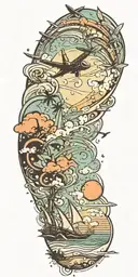 beach scene with a jet flying in the sky background tattoo design idea