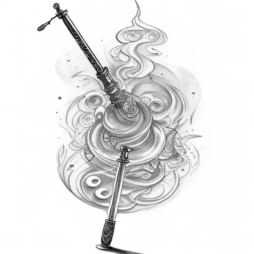 A tattoo of a hookah pipe surrounded by swirling smoke in dotwork style tattoo design idea