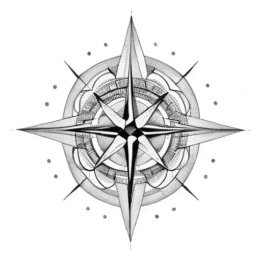 A dotwork tattoo of a compass with musical symbols as the cardinal directions and a hookah pipe in the center tattoo design idea