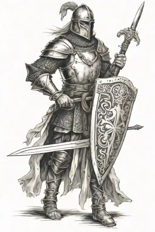 a medieval warrior with sword and shield as a spear tattoo design idea