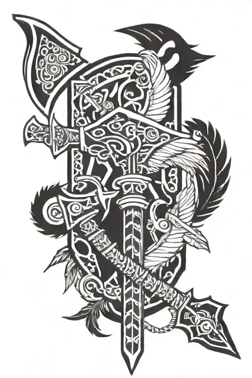 Battle Axe and tomahawk axe with rope tied with feathers and beads  tattoo design idea