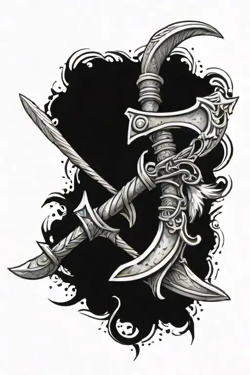 Battle Axe and tomahawk axe with rope tied with feathers and beads  tattoo design idea