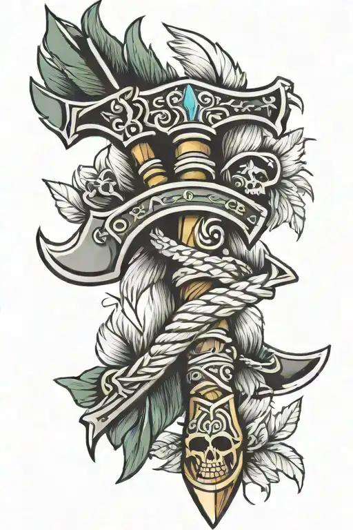 Battle Axe and tomahawk axe with rope tied with feathers and beads  tattoo design idea