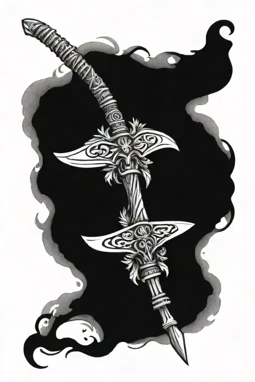 Battle Axe and tomahawk axe with rope tied with feathers and beads  tattoo design idea