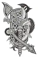 Battle Axe and tomahawk axe with rope tied with feathers and beads  tattoo design idea