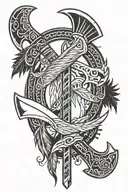 Battle Axe and tomahawk axe with rope tied with feathers and beads  tattoo design idea