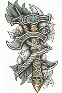 Battle Axe and tomahawk axe with rope tied with feathers and beads  tattoo design idea