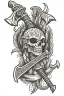 Battle Axe and tomahawk axe with rope tied with feathers and beads  tattoo design idea