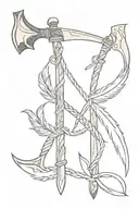 Battle Axe and tomahawk axe with rope tied with feathers and beads  tattoo design idea