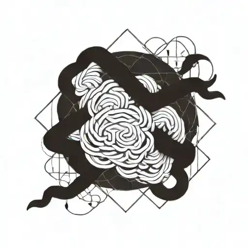A geometric design incorporating the shape of a brain and intricate rope patterns inspired by shibari tattoo design idea